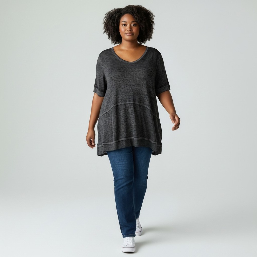 American Rag Womens Plus 1X Charcoal Grey Burnout V-Neck Tunic Top Oversized